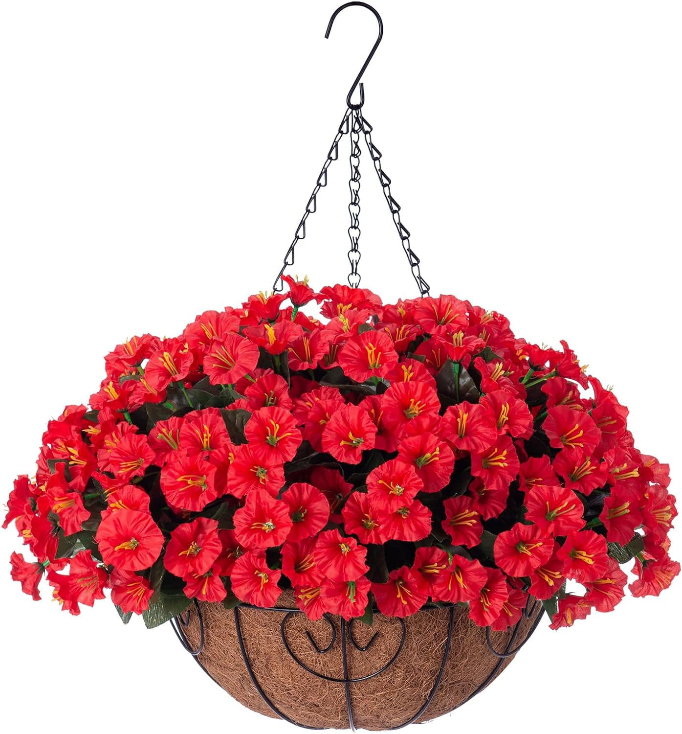 Artificial Fake Hanging Flowers Plants Baskets for Outdoor Outside Summer Decoration, Faux Silk Red Morning Glory in Planter UV Resistant Realistic for Home Porch Patio Balcony Garden Yard
