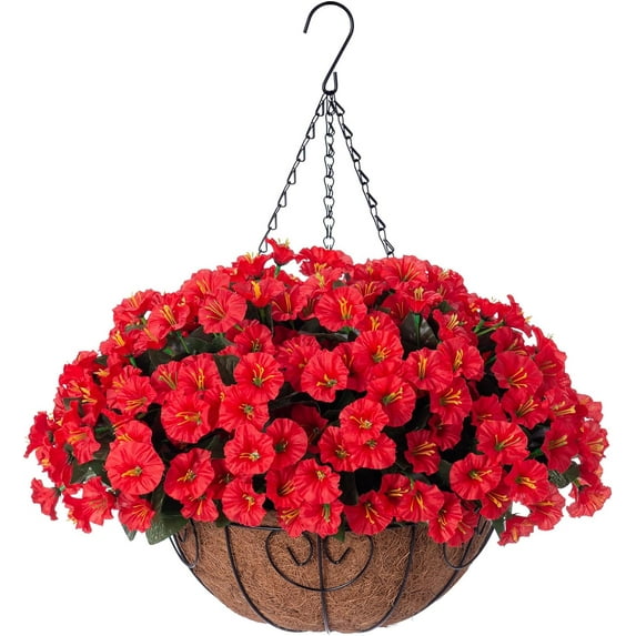 Artificial Fake Hanging Flowers Plants Baskets for Outdoor Outside Summer Decoration, Faux Silk Red Morning Glory in Planter UV Resistant Realistic for Home Porch Patio Balcony Garden Yard