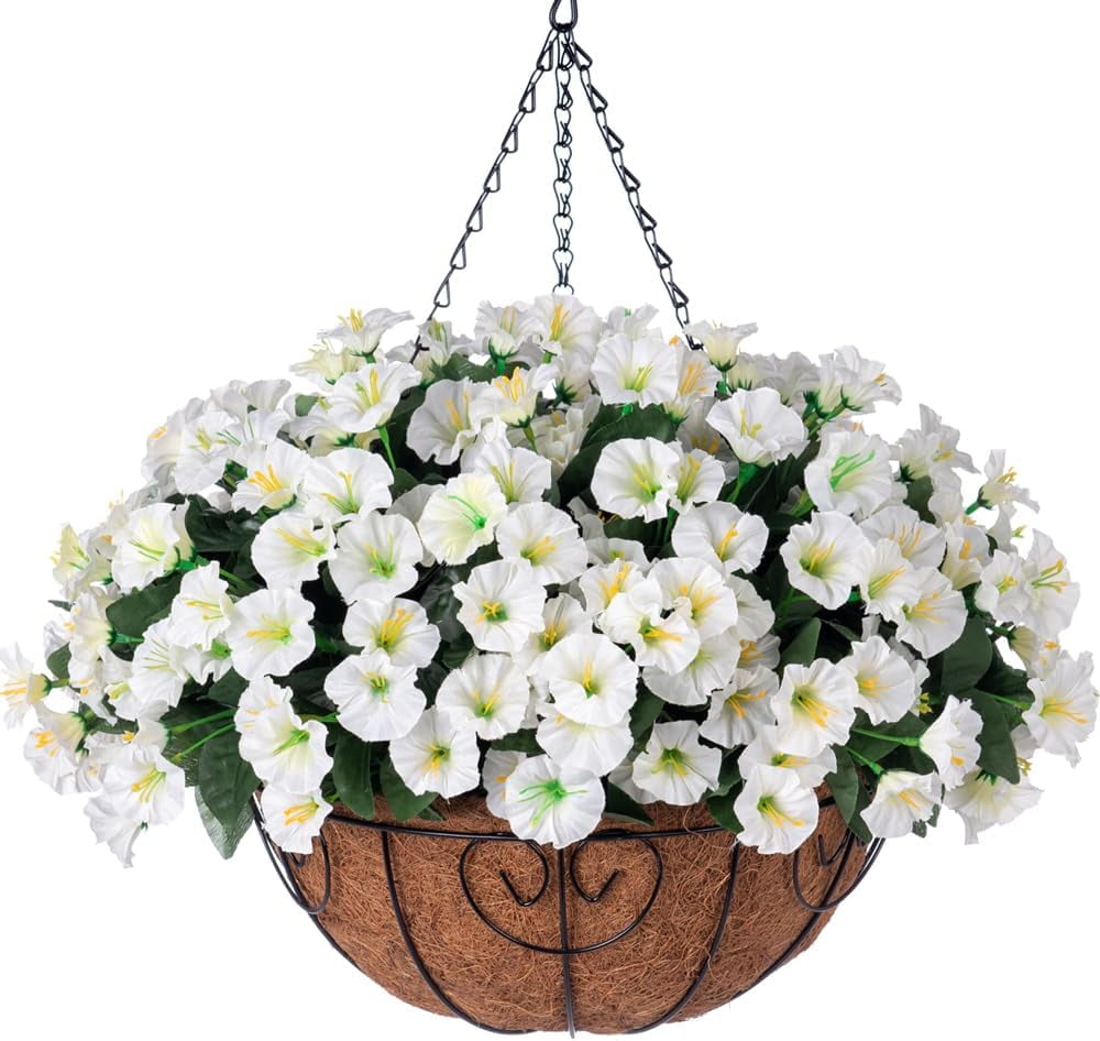 Artificial Fake Hanging Flowers Plants Baskets for Outdoor Outside Summer Decoration, Faux Silk White Morning Glory in Planter UV Resistant Realistic for Home Porch Patio Balcony Garden Yard