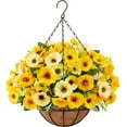 thumbnail image 1 of Artificial Fake Hanging Flowers Plants Baskets for Outdoor Outside Summer Decoration, Faux Silk Yellow Morning Glory in Planter UV Resistant Realistic for Home Porch Patio Balcony Garden Yard, 1 of 6
