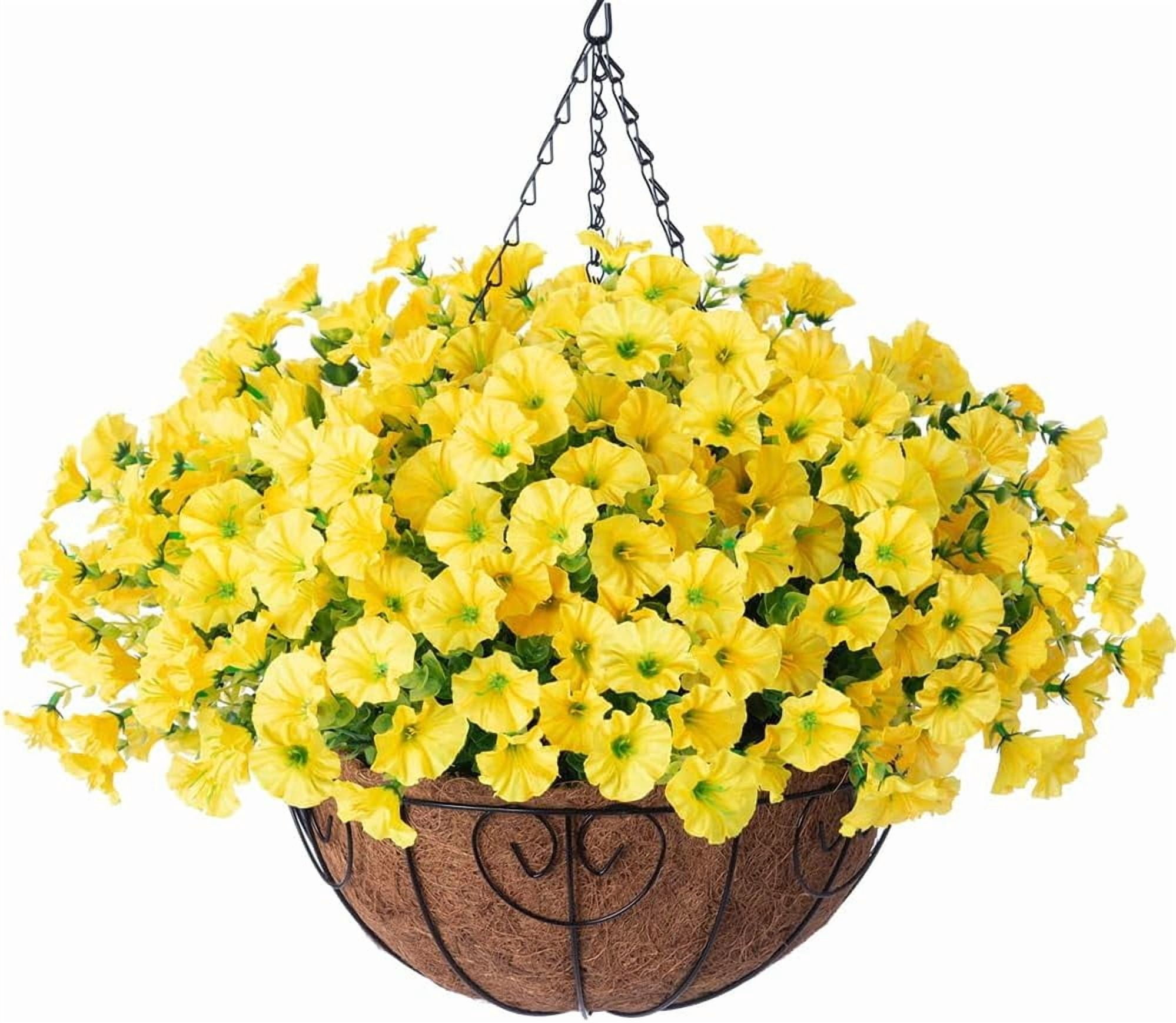 Artificial Fake Hanging Flowers Plants Baskets for Outdoor Outside Summer Decoration, Faux Silk Yellow Morning Glory in Planter UV Resistant Realistic for Home Porch Patio Balcony Garden Yard