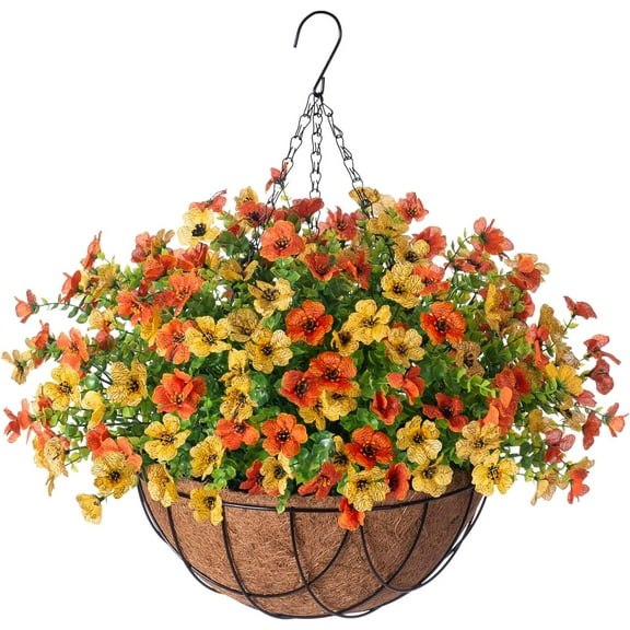 Artificial Fake Hanging Flowers Plants Baskets for Outdoor Spring Summer Decorations,Faux Morning Glory Silk Flower for Outside UV Resistant Patio Yard Home Porch Decor