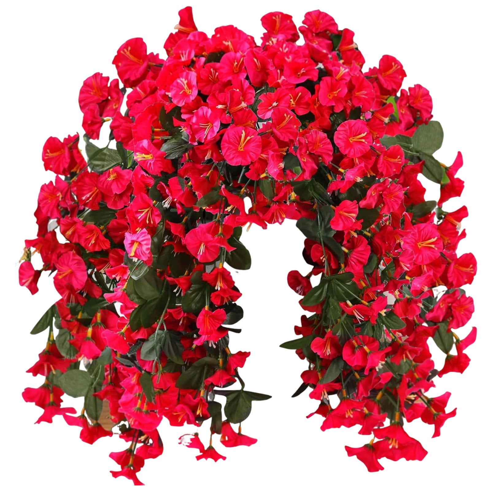 Artificial Fake Hanging Flowers Plants for Outdoor Outside Spring Summer Decoration 1PCS Faux Silk UV Resistant Realistic Morning Glory Trailing Vines for Home Porch Patio Balcony,Red & Pink