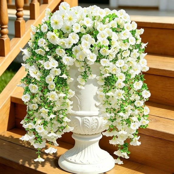 Artificial Fake Hanging Flowers Plants for Outdoor Spring Decoration,1 Bundle Silk Morning Glory Faux Flowers with Eucalyptus Leaves,UV Resistant Look Real for Planter Porch Patio Balcony Yard Decor
