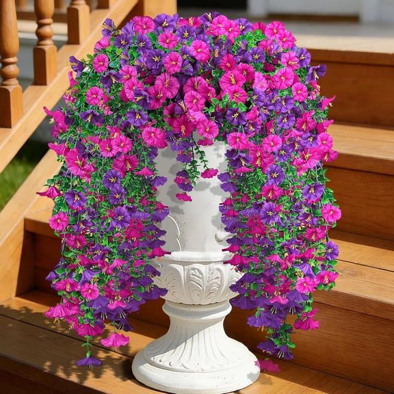 Artificial Fake Hanging Flowers Plants for Outdoor Spring Decoration,1 Bundle Silk Morning Glory Faux Flowers with Eucalyptus Leaves,UV Resistant Look Real for Planter Porch Patio Balcony Yard Decor