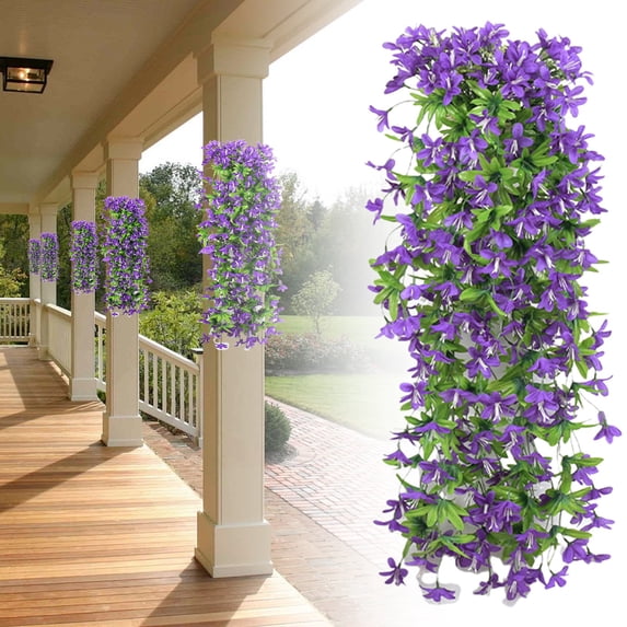 Artificial Fake Hanging Flowers Plants for Outdoor Spring Summer Decoration, 1PCS Faux Silk UV Resistant Look Real Trailing Vines for Outside Home Planter Porch Patio(Purple)