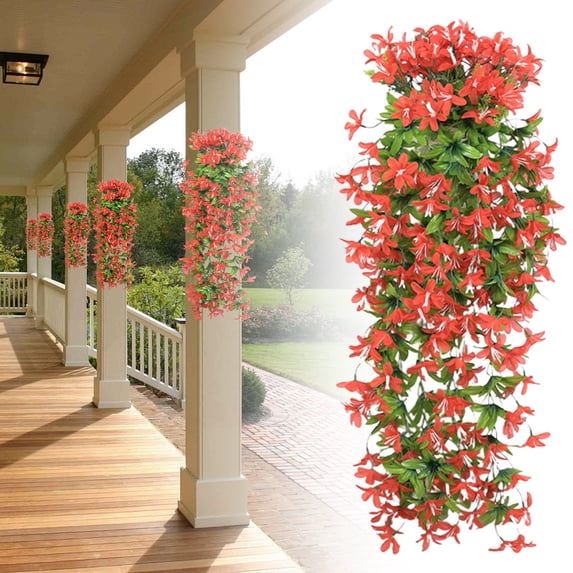 Artificial Fake Hanging Flowers Plants for Outdoor Spring Summer Decoration, 1PCS Faux Silk UV Resistant Look Real Trailing Vines for Outside Home Planter Porch Patio(red)