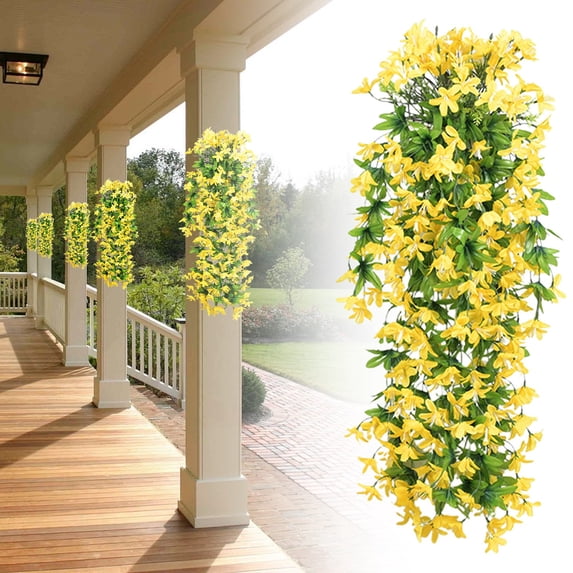 Artificial Fake Hanging Flowers Plants for Outdoor Spring Summer Decoration, 1PCS Faux Silk UV Resistant Look Real Trailing Vines for Outside Home Planter Porch Patio(Yellow)