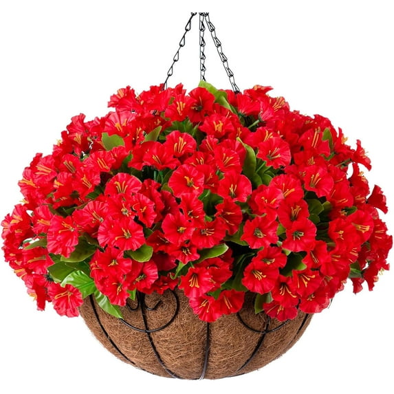 Artificial Fake Hanging Outdoor Flowers Plants with Basket, Faux Silk Camellia UV Resistant Look Real Floral Arrangement Planter for Outside Porch Patio Balcony Garden Home Decor