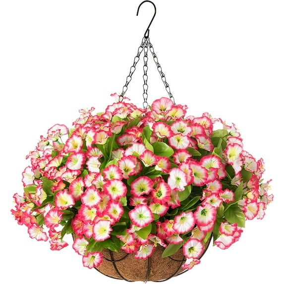 Artificial Fake Hanging Outdoor Flowers Plants with Basket, Faux Silk Camellia UV Resistant Look Real Floral Arrangement Planter for Outside Porch Patio Balcony Garden Home Decor