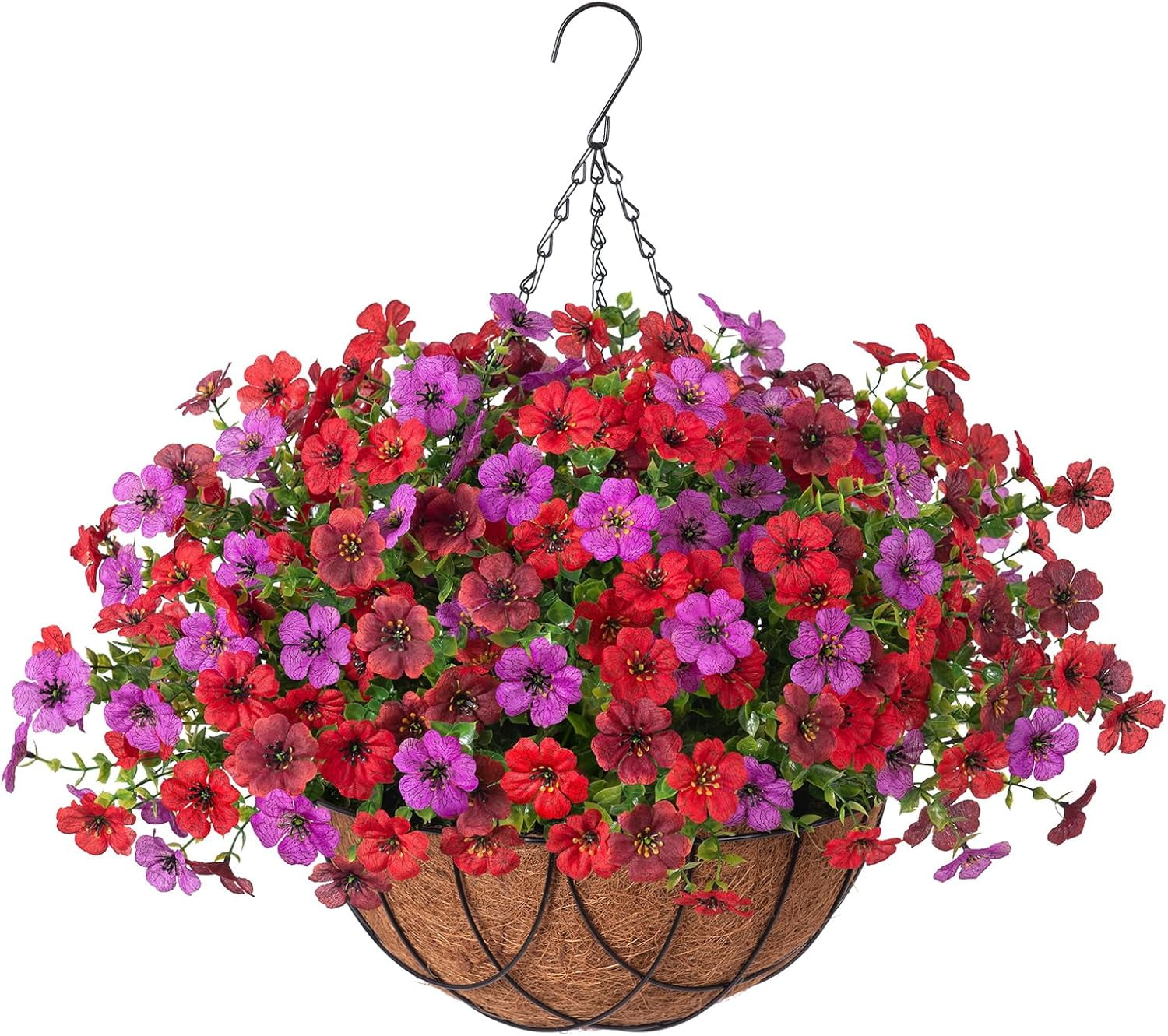 Artificial Fake Hanging Outdoor Flowers Plants with Basket, Faux Silk Camellia UV Resistant Look Real Floral Arrangement Planter for Outside Porch Patio Balcony Garden Home Decor