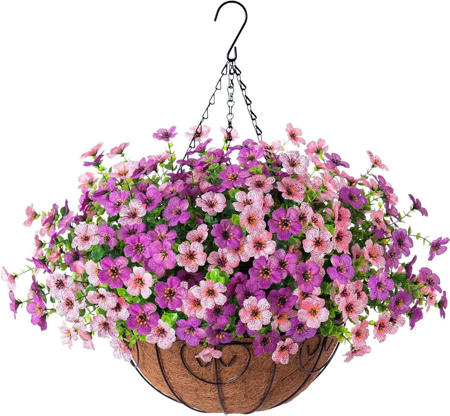 Artificial Fake Hanging Outdoor Outside Flowers Plants Basket for Summer Porch Decoration, Faux Silk UV Resistant Look Real Daisy in Planter for Patio Balcony Garden