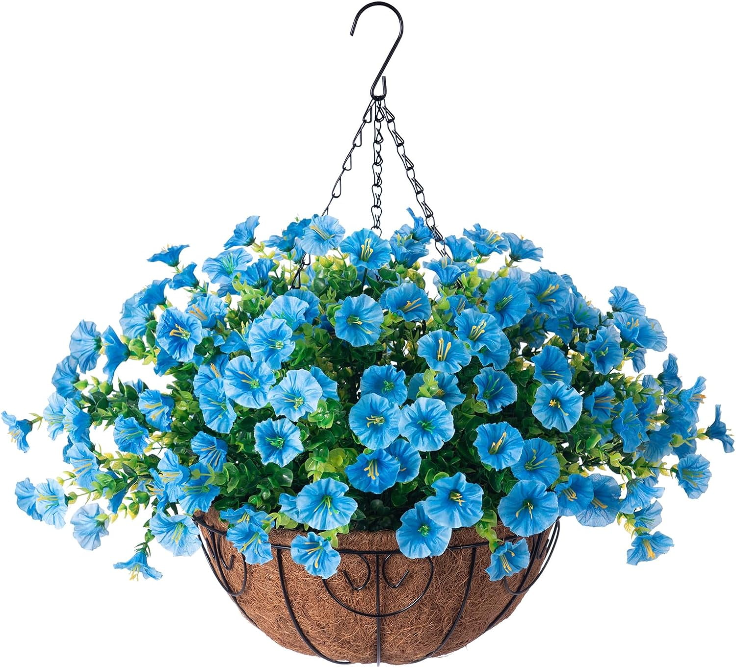 Artificial Fake Hanging Outdoor Plants Flowers with Basket, Faux Silk Blue Morning Glory Eucalyptus Floral Arrangement Look Real UV Resistant for Outside Porch Patio Balcony Home Decor