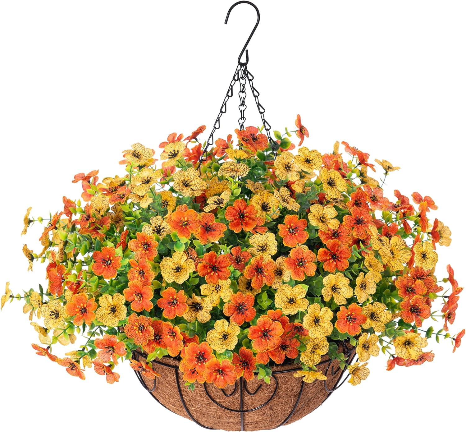 Artificial Fake Hanging Plants Flowers Basket for Fall Autumn Outdoor Decor, Faux Silk Orange Dasiy Flower Look Real UV Resistant for Outside Porch Home Patio Garden Decoration