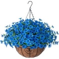 thumbnail image 1 of Artificial Fake Hanging Plants Flowers with Basket Outdoor Decor Faux Silk Daisy Flower Arrangements in Pot Planter for Porch Home Indoor Patio Garden Yard Decoration, Blue, 1 of 6
