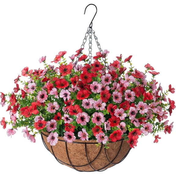 Artificial Fake Hanging Plants Flowers with Basket Outdoor Decor Faux Silk Dasiy Flower Arrangements in Pot Planter for Porch Home Indoor Patio Garden Yard Decoration