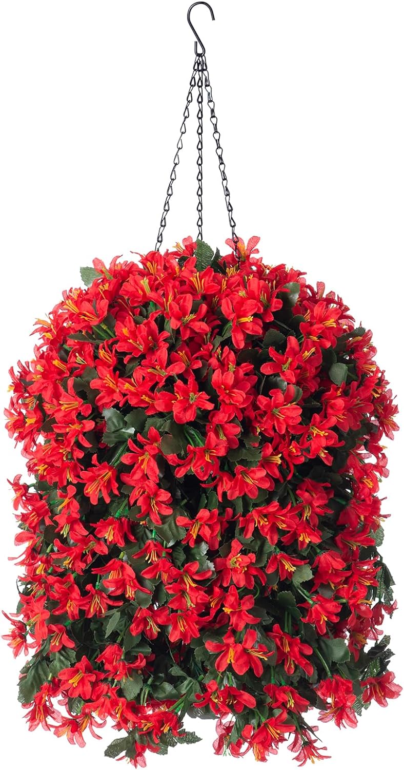 Artificial Fake Hanging Plants Flowers Basket for Outdoor Outside Decoration, Faux Silk Realistic UV Resistant Red Long Vines Planter for Porch Patio Balcony Yard Home Spring Summer