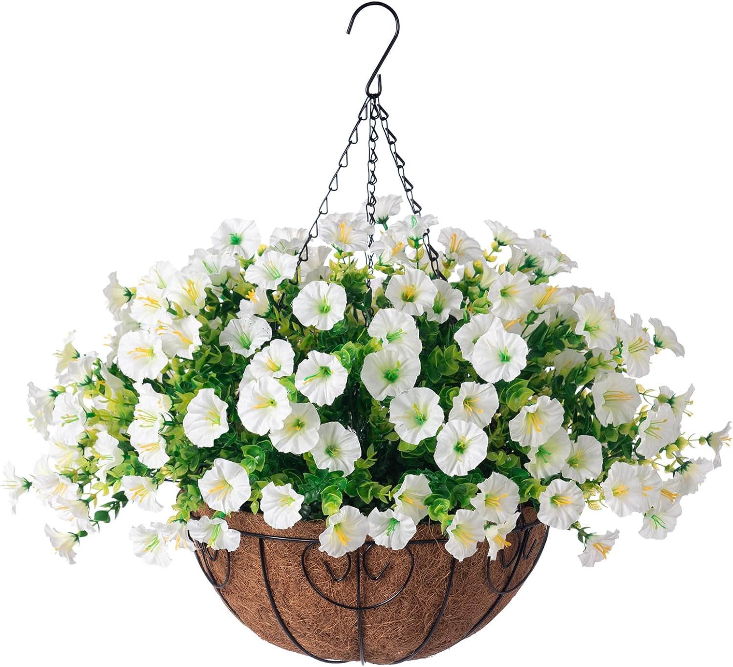 Artificial Fake Hanging Plants Flowers Basket for Outdoor Spring Decoration, Faux Silk Purple Morning Glory Eucalyptus Realistic UV Resistant for Outside Home Porch Patio Balcony Decor