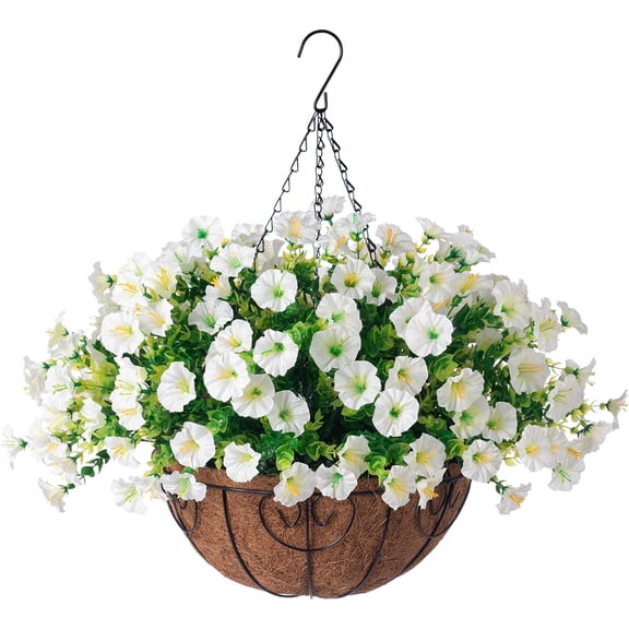 Artificial Fake Hanging Plants Flowers Basket for Outdoor Spring Decoration, Faux Silk Purple Morning Glory Eucalyptus Realistic UV Resistant for Outside Home Porch Patio Balcony Decor