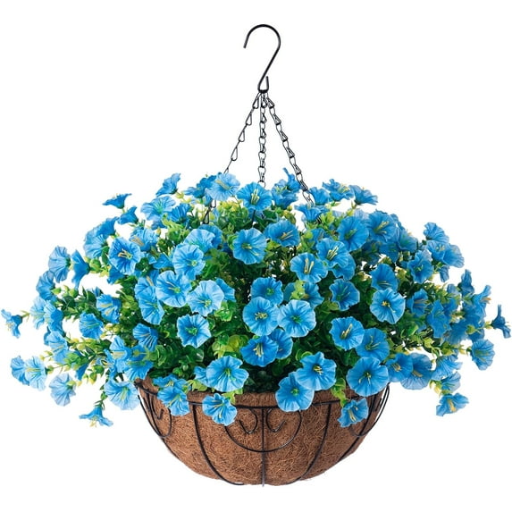 Artificial Fake Hanging Plants Flowers Basket for Outdoor Spring Decoration, Faux Silk Purple Morning Glory Eucalyptus Realistic UV Resistant for Outside Home Porch Patio Balcony Decor