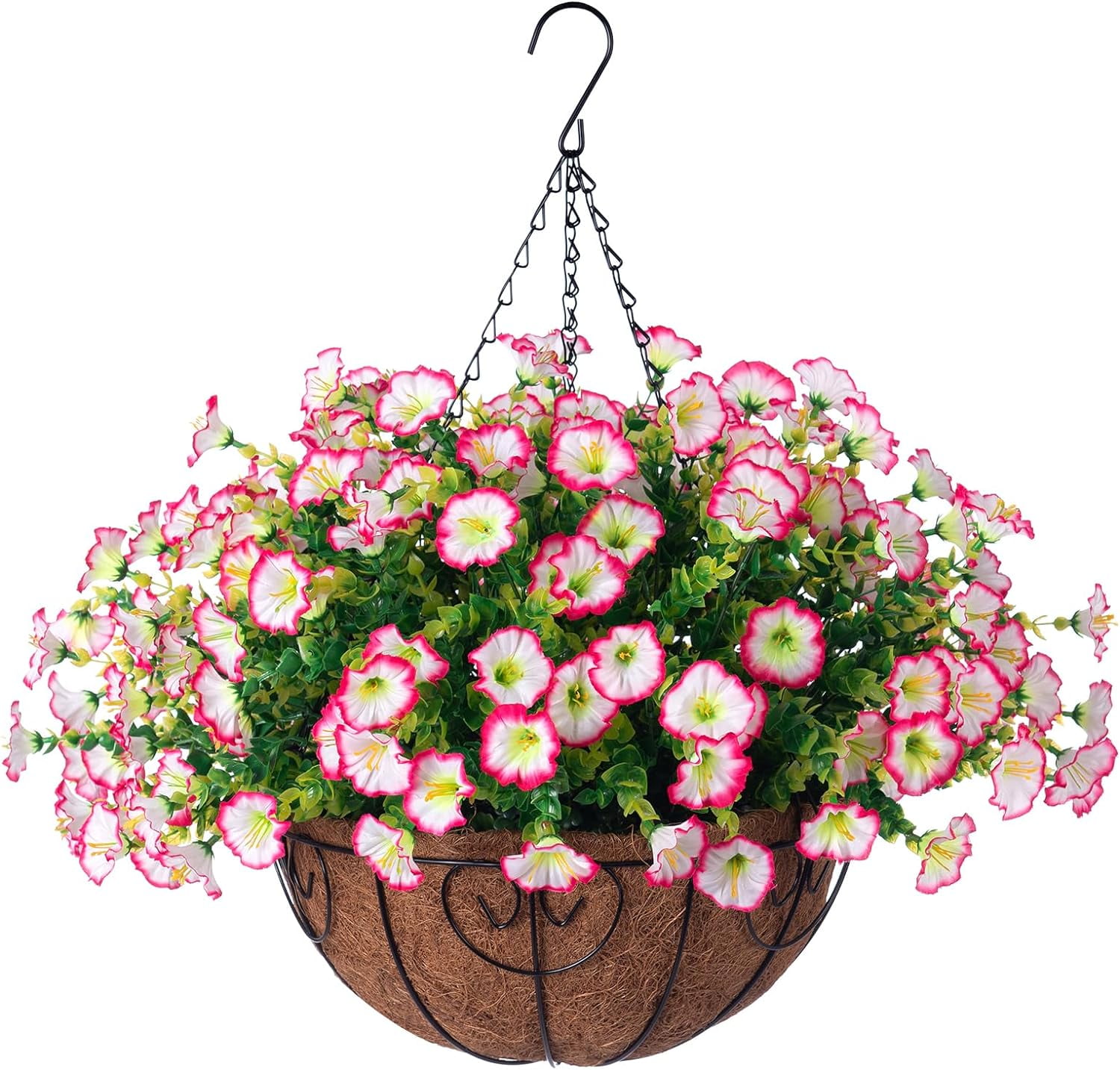 Artificial Fake Hanging Plants Flowers Basket for Outdoor Spring Decoration, Faux Silk Purple Morning Glory Eucalyptus Realistic UV Resistant for Outside Home Porch Patio Balcony Decor