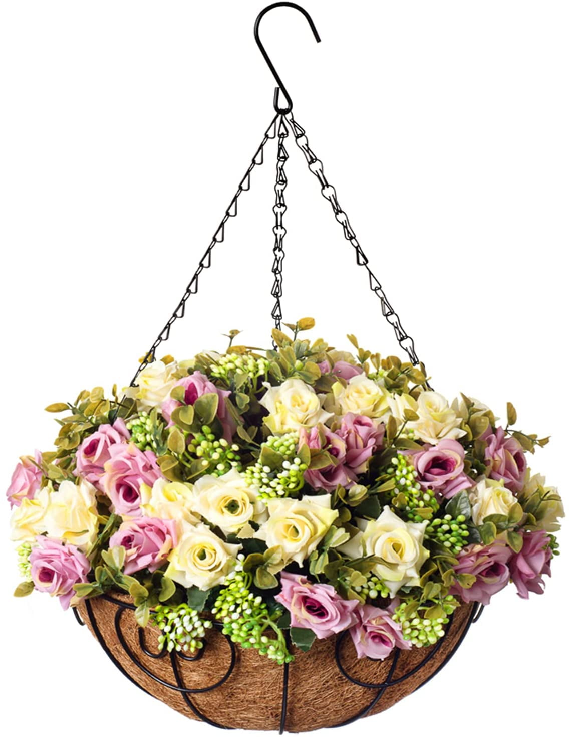 Artificial Fake Hanging Plants Flowers Basket for Spring Outdoor Decoration,Faux Silk Flowers Realistic UV Resistant in 12 inch Coconut Lining Baskets for Patio Decor(Rose red White)