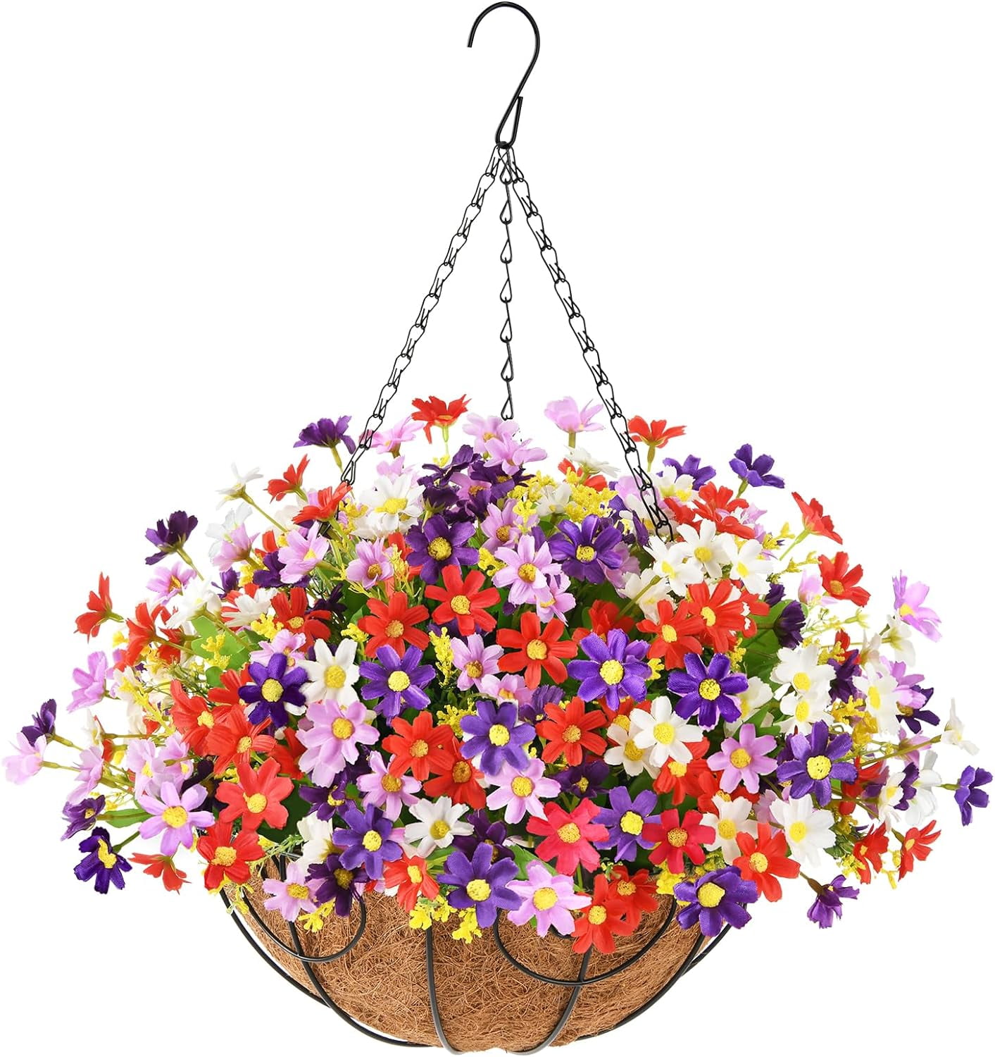 Artificial Fake Hanging Plants Flowers Basket for Spring Outdoor Decoration,Faux Silk Flowers Realistic UV Resistant in 12 inch Coconut Lining Baskets for Patio Decor(Rose red White)