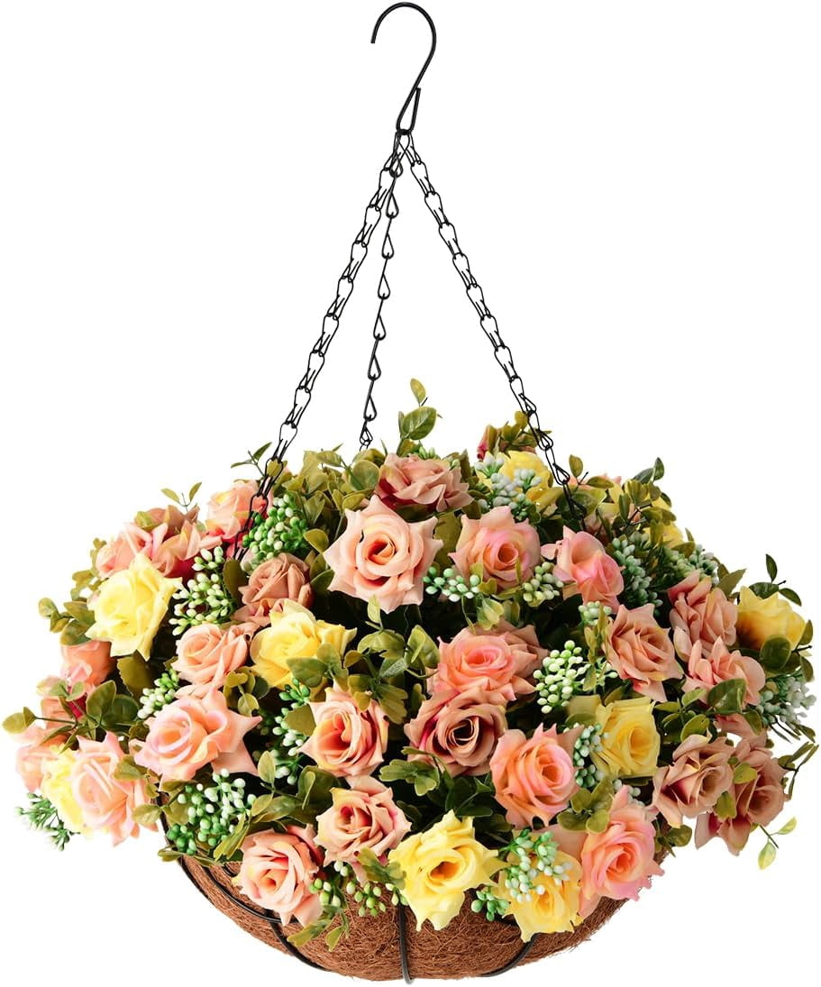 Artificial Fake Hanging Plants Flowers Basket for Spring Outdoor Decoration,Faux Silk Flowers Realistic UV Resistant in 12 inch Coconut Lining Baskets for Patio Decor(Rose red White)