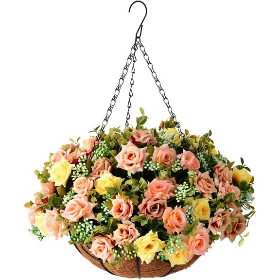 Artificial Fake Hanging Plants Flowers Basket for Spring Outdoor Decoration,Faux Silk Flowers Realistic UV Resistant in 12 inch Coconut Lining Baskets for Patio Decor(Rose red White)