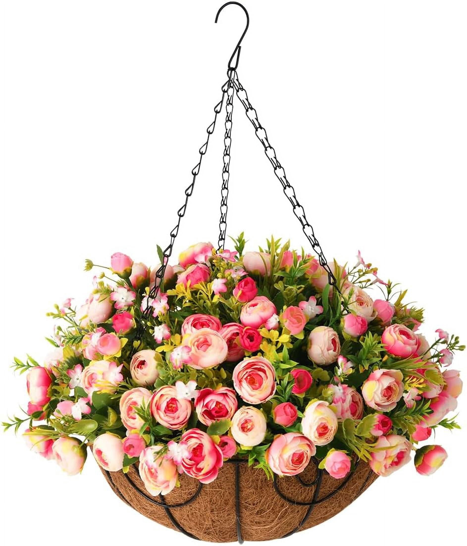 Artificial Fake Hanging Plants Flowers Basket for Spring Outdoor Decoration,Faux Silk Flowers Realistic UV Resistant in 12 inch Coconut Lining Baskets for Patio Decor(Rose red White)