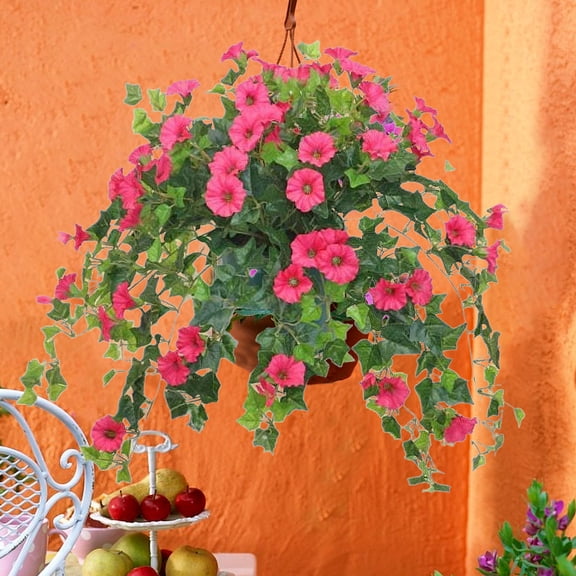 Artificial Fake Hanging Plants Flowers for Spring Outdoor,Artificial Flowers for Hanging Baskets,Faux Silk Morning Glory Long Vines Uv Resistant Realistic for Home Porch Patio Balcony Outside Yard