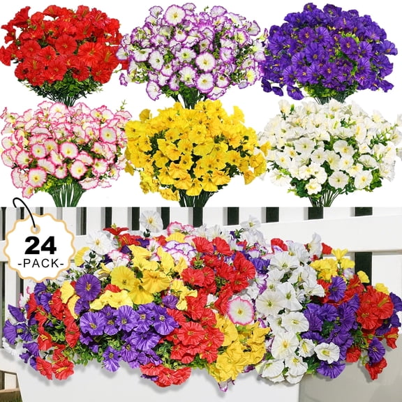 Artificial Fake Morning Glory Flowers for Outdoor, 24 Bundles Silk Fake Spring Flowers UV Resistant Realistic Morning Glory Faux Plants for Outside Planters Porch Window Box Garden Indoor Decor