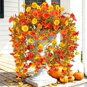 Artificial Fake Mums Flowers Plants for Outdoors, 2 PCS Artificial Hanging Flowers Silk Morning Glory UV Resistant Look Real for Outside Porch Planter Home Decor