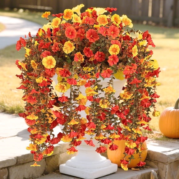 Artificial Fake Mums Flowers Plants for Outdoors, 2 PCS Artificial Hanging Flowers Silk Morning Glory UV Resistant Look Real for Outside Porch Planter Home Decor