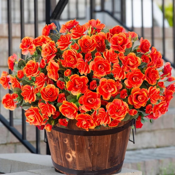 Artificial Fake Outdoor Outside Flowers Plants, Faux Silk Camellia UV Resistant Realistic for Front Door Porch Patio Planter Balcony Garden Yard Home Decor, 6 Bundles, Orange