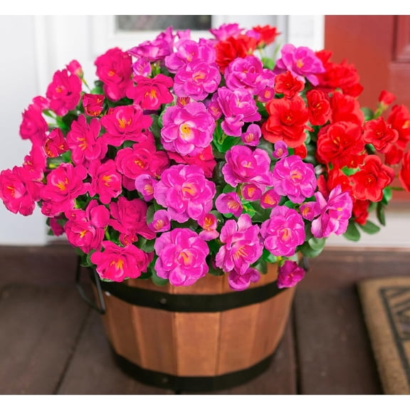 Artificial Fake Outdoor Outside Flowers Plants, Faux Silk Camellia UV Resistant Realistic for Front Door Porch Patio Planter Balcony Garden Yard Home Decor, 6 Bundles, B-Mix Color
