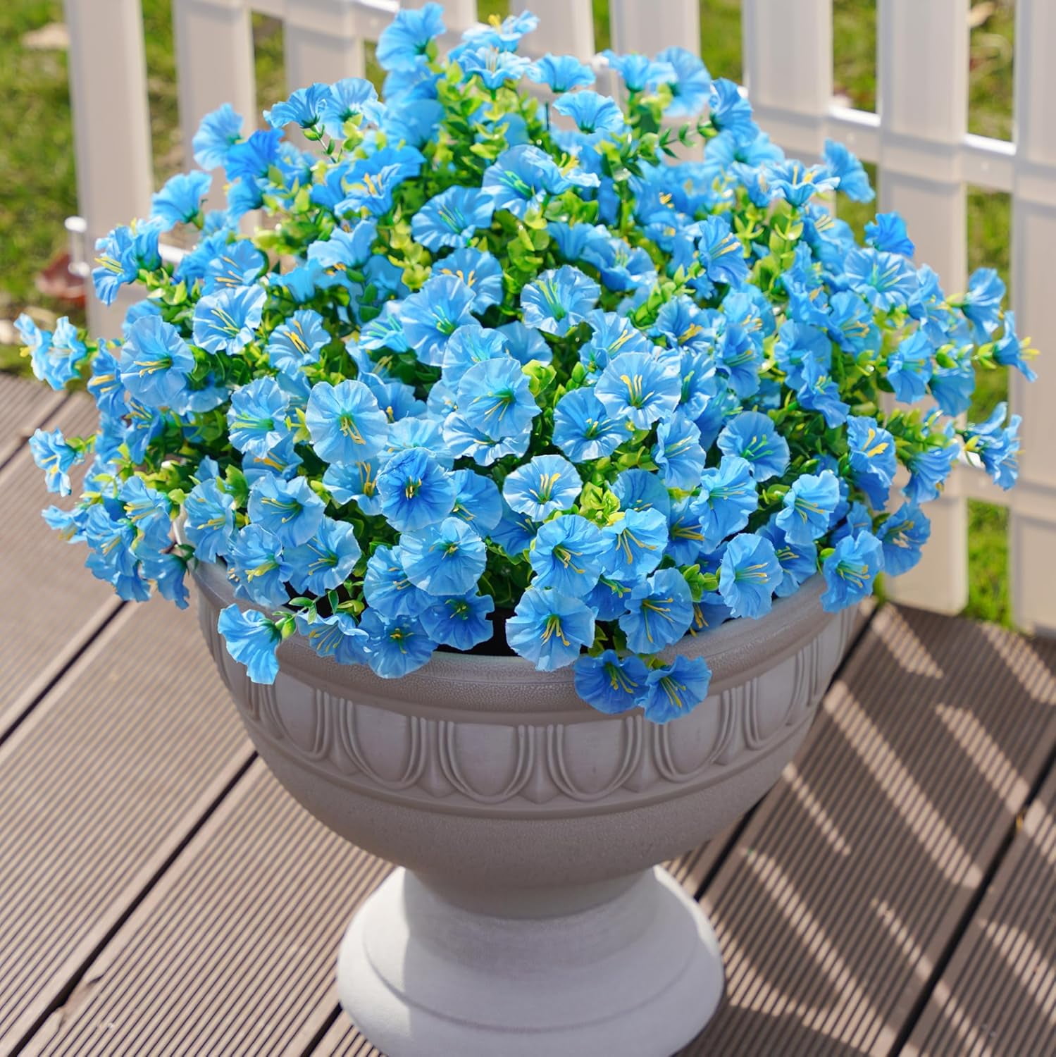 Artificial Fake Outdoor Plants Flowers for Summer Decoration, 12 Bundles Silk Blue Morning Glory Eucalyptus Realistic UV Resistant Faux Flowers for Outside Planter Front Door Porch Garden Yard Patio