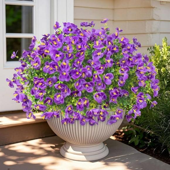 Artificial Fake Pansy Flowers, 12 Bundles Faux Silk Pansies Flowers, Fake Pansy Flowers, UV Resistant Silk Faux Plants for Outside Planter Window Box Front Door Yard Home Decor (Purple)