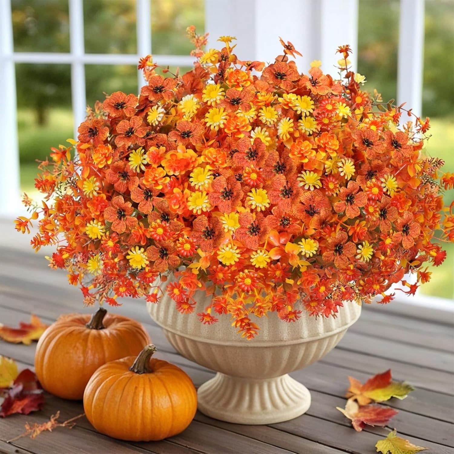 Artificial Fake Mums Flowers  Autumn Decorations,16 Bundles Mix Silk Glory UV Sun Resistant Realistic Faux Flower Outdoor
