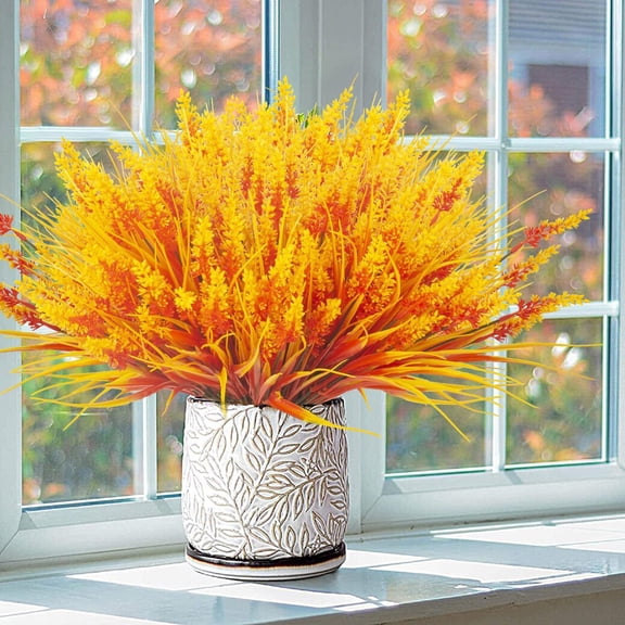 Artificial Fake Plants Flowers for Outdoors Fall Decor, 10 Bundles Fake Monkey Grass for Home Garden Front Porch Balcony, Lavender Flowers Shrubs Uv Resistant No Fade Bush Planter