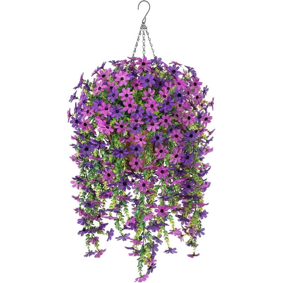Artificial Fake Spring Hanging Flowers Plants with Basket Outdoor Flower Decor, Faux Silk Colorful Daisy in Metal Coconut Lining Pot Plastic Shrubs Decor Farmhouse Home Garden (Rose Pink)