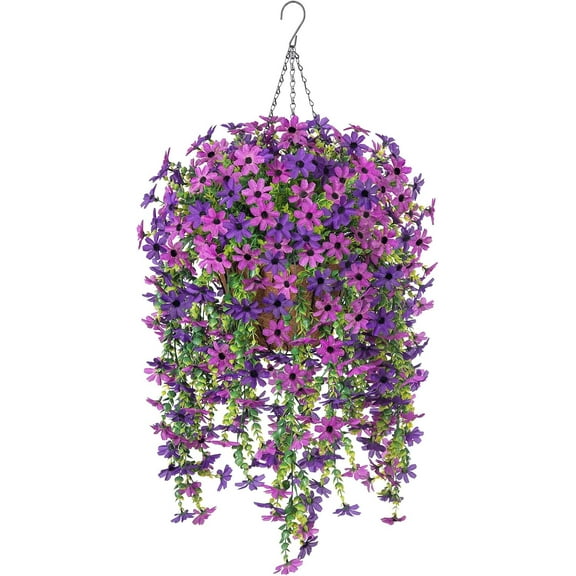 Artificial Fake Spring Hanging Flowers Plants with Basket Outdoor Flower Decor, Faux Silk Colorful Daisy in Metal Coconut Lining Pot Plastic Shrubs Decor Farmhouse Home Garden (Rose Pink)
