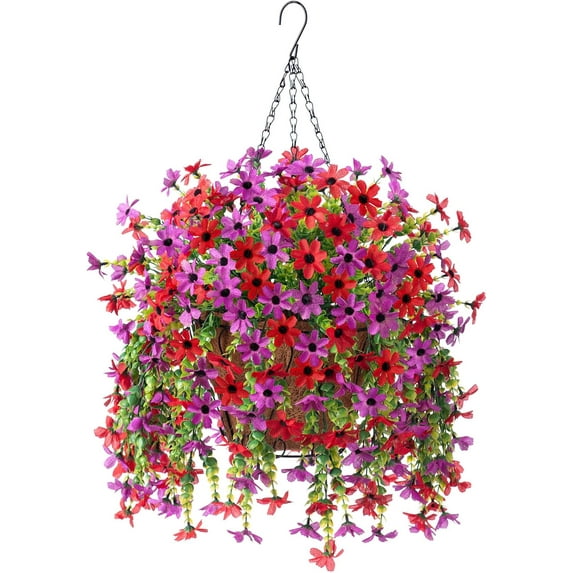 Artificial Fake Spring Hanging Flowers Plants with Basket Outdoor Flower Decor, Faux Silk Colorful Daisy in Metal Coconut Lining Pot Plastic Shrubs Decor Farmhouse Home Garden (Rose Pink)