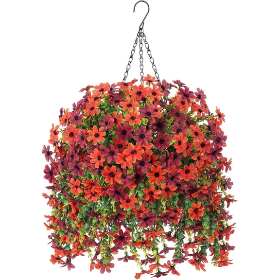 Artificial Fake Spring Hanging Flowers Plants with Basket Outdoor Flower Decor, Faux Silk Colorful Daisy in Metal Coconut Lining Pot Plastic Shrubs Decor Farmhouse Home Garden (Rose Pink)