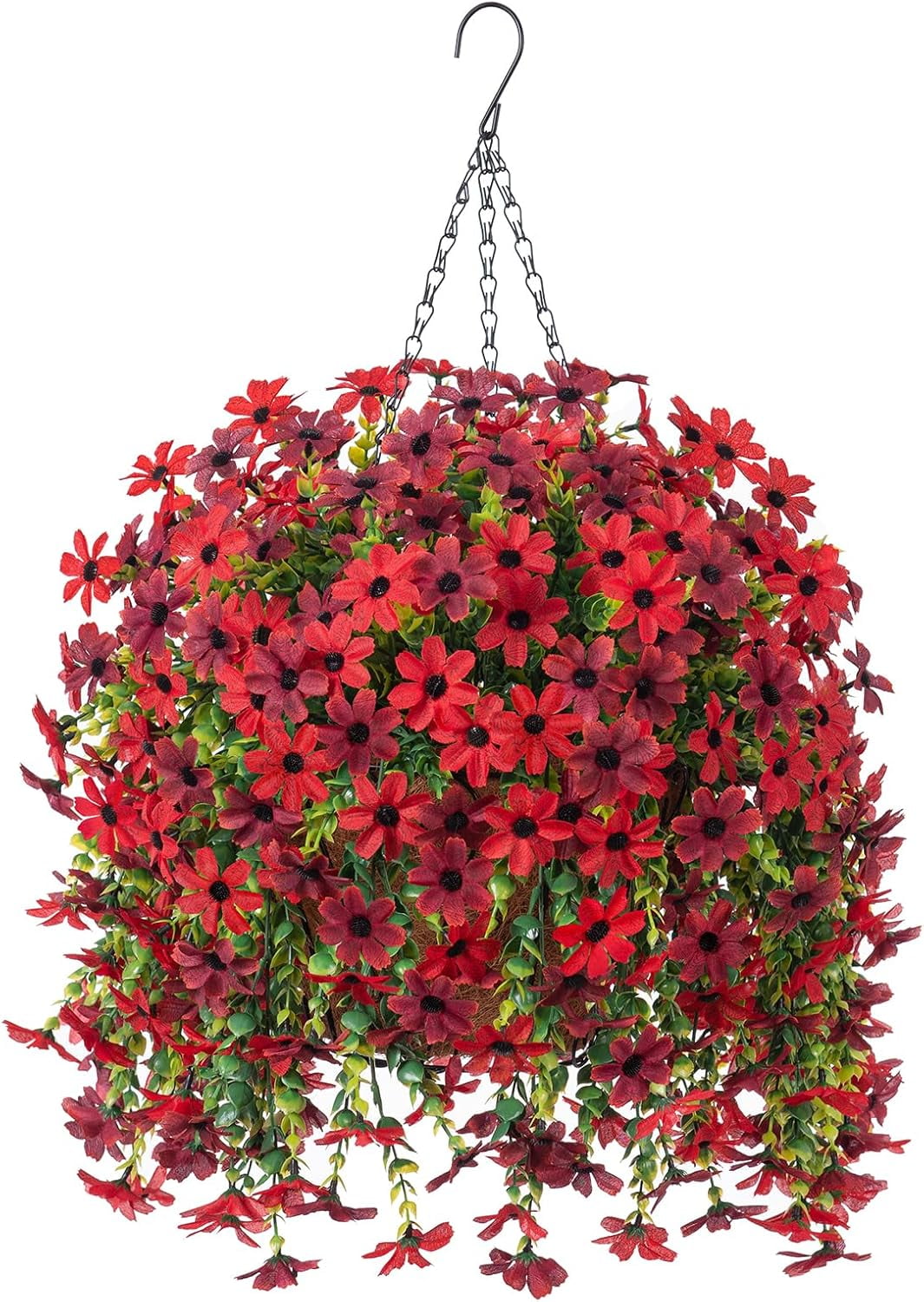 Artificial Fake Spring Hanging Flowers Plants with Basket Outdoor Flower Decor, Faux Silk Colorful Daisy in Metal Coconut Lining Pot Plastic Shrubs Decor Farmhouse Home Garden (Rose Pink)