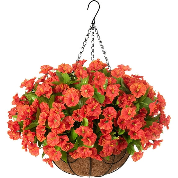 Artificial Fake Spring Hanging Flowers Plants with Basket Outdoor Flower Decor, Faux Silk Colorful Daisy in Metal Coconut Lining Pot Plastic Shrubs Decor Farmhouse Home Garden (Rose Pink)