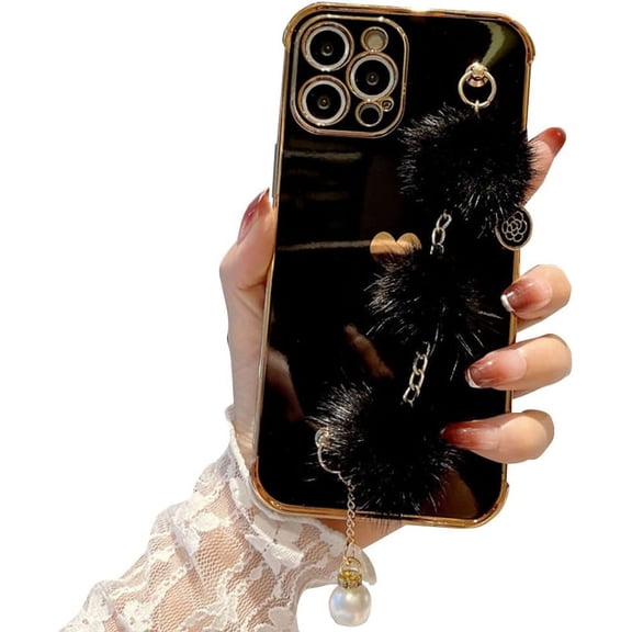 Compatible with iPhone Case,Cute Lovely Heart Pattern Plush Wristband Strap Bracelet Chain Electroplated Bumper Soft Shockproof Cover Phone Case (Black,iPhone 14)