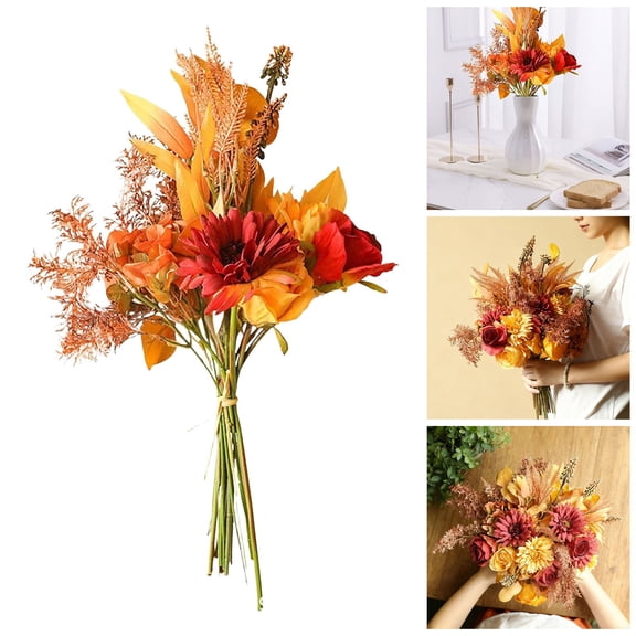 Artificial Fall Bouquet 18 Inch Autumn Flowers Orange Yellow Roses Floral Arrangements for Wedding Bridesmaid Bouquets Thanksgiving Table Centerpieces Home Office Halloween Decorations