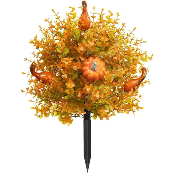 Artificial Fall Boxwood for Outdoors with Stakes 22inch Simulated Pumpkin Potted Plants Autumn Foliage Topiary Ball Tree UV Resistant Faux Shrub Plants for Thanksgiving Porch Yard Patio Planter Decor