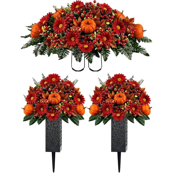 Artificial Fall Cemetery Flowers Outdoor Grave Decorations Saddle for Headstone,Outdoor Tombstone Memorial Decorations, Easy Fit (Deepred Orange 3pc Set)